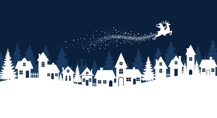 Naklejka premium Magical christmas eve scene with santa claus flying over a snowy village silhouette at night