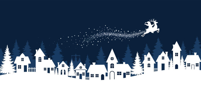 Magical christmas eve scene with santa claus flying over a snowy village silhouette at night - Powered by Adobe