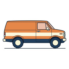 Side view illustration of a classic orange and white panel van with blue trim.