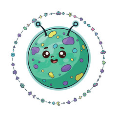 Cute cartoon green alien character with antennae and colorful spots.