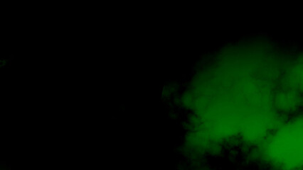 Vibrant green smoke billows dramatically across a dark, atmospheric background creating a sense of mystery and intrigue