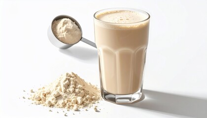 Protein shake with scoop and powder, a visual representation of fitness and nutrition