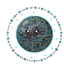 Cute Circuit Board Planet with Kawaii Face and Decorative Orbit.