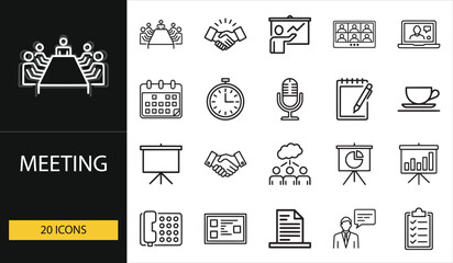 Meeting icons for teamwork, presentation, and business communication. Great for corporate design, office visuals, and workflow concepts