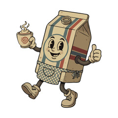 Cartoon Milk Carton Character Holding Coffee Cup Thumbs Up.