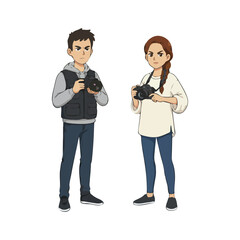 Anime style illustration of a young man and woman holding DSLR cameras with determined expressions.