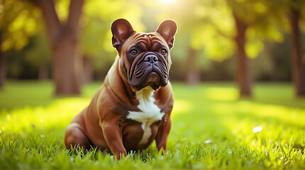 Young, cute English Bulldog puppy and American Staffordshire Terrier sitting in the park grass, a purebred domestic animal portrait