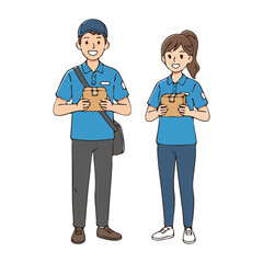 Delivery Team: Cartoon Illustration of a Male and Female Courier Holding Packages.