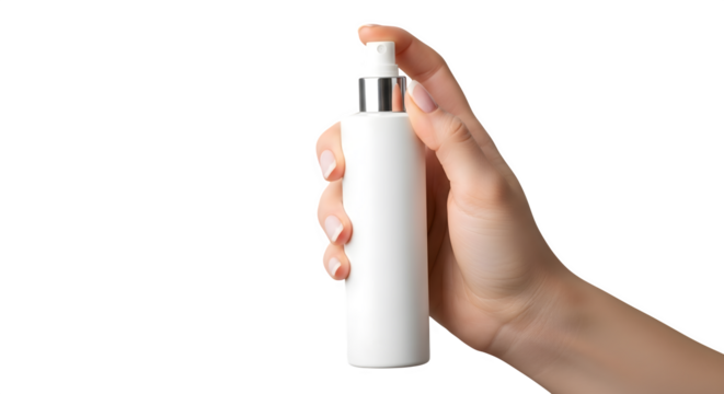 Hand holding white spray bottle isolated on transparent background