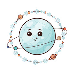 Cute Cartoon Uranus Planet with Rings and a Smiling Face.