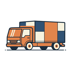 Side view illustration of a colorful orange blue and white commercial delivery truck.