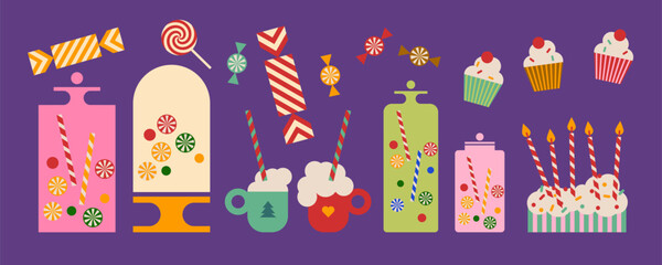 Christmas Sweet Dessert Stickers Collection. Cute Cartoon Bakery and Candy Illustrations. Colorful Doodle Vector Set with Cakes, Ice Cream, Cupcakes, and Lollipops for Holiday and Celebration Design