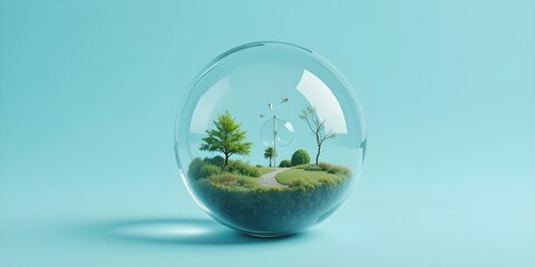 Enchanting miniature park inside a glass orb radiating tranquility and serene natural beauty on blue background