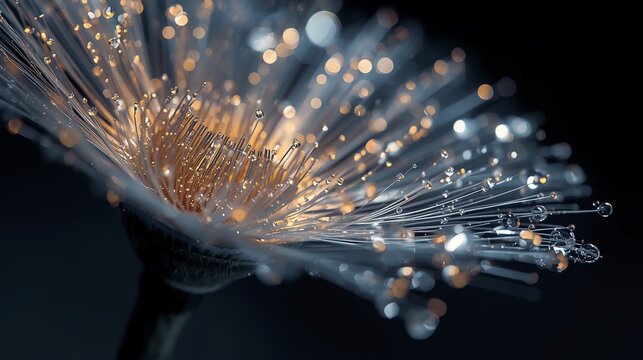 Stunning macro view of fiber optic strands illuminated with golden bokeh and delicate water droplets, showcasing technological innovation and ethereal beauty.
