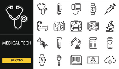 Medical technology icons featuring devices, diagnostics, DNA, and robotics. Perfect for health innovation, biotechnology, and research visuals