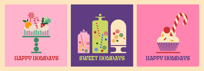 Happy Holidays and Birthday Card Illustration. Sweet Celebration Design with Cakes, Gifts, and Festive Elements. Colorful Geometric Doodle Vector for Parties, Greetings, and Posters