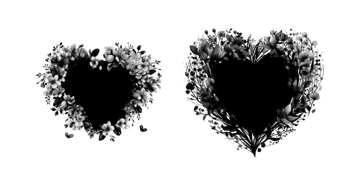 Floral spring heart- masks. Romantic clip art black and white universal use