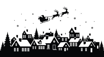 Silhouette of santa claus flying his reindeer sleigh over a snowy village at night with falling snowflakes