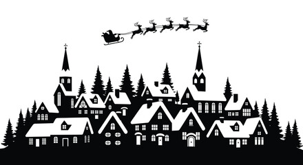 Silhouette of a quaint village at night with santa claus flying his reindeer sleigh overhead