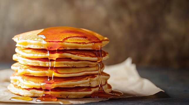 Stack of pancakes with syrup pouring delicious breakfast food sweet treat homemade brunch recipe closeup view