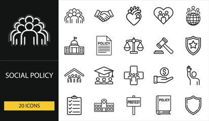 Social policy icons showing government, community, and justice symbols. Ideal for civic, law, equality, and education visuals.