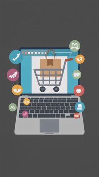 An illustrative-style laptop displays an online shopping cart within a blue browser window surrounded by colorful social media icons, set against a solid dark gray