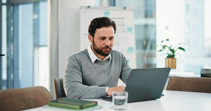 Planning, laptop and research with business man in office for assets, account report and typing. Portfolio manager, broker review and online with person in agency for risk assessment and reading