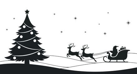 Silhouette of santa claus and reindeer flying in a sleigh past a decorated christmas tree on a snowy night © Kuntol02