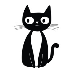 A black cat with a white stripe on its back is sitting on a white background. The cat has a big smile on its face and its eyes are wide open. The image has a playful and cheerful mood
