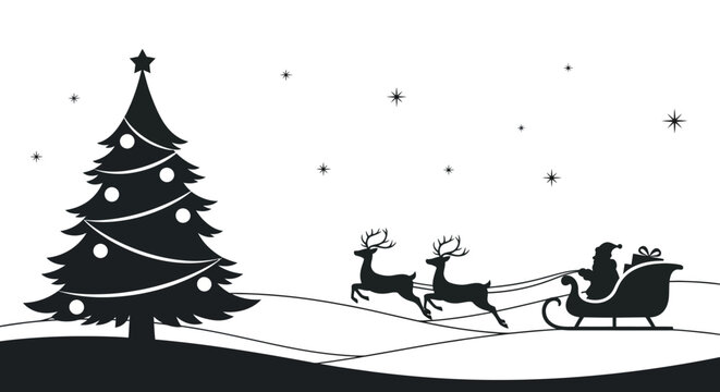 Silhouette of santa claus and reindeer flying in a sleigh past a decorated christmas tree on a snowy night