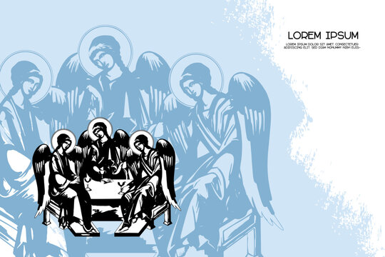 Religious vintage poster template with Trinitian, Holy trinity. Christian illustration in Byzantine style