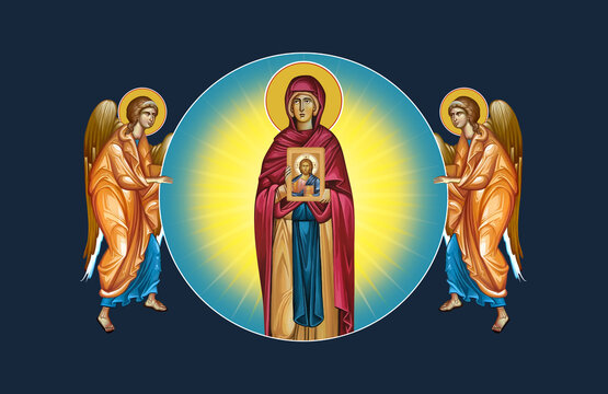 Saint Parascheva of the Balkans. Religious Christian illustration with angels in Byzantine style on deep blue background