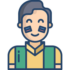 Stylized cartoon portrait of a happy person with blue and red eye black stickers on cheeks wearing a yellow shirt and green vest isolated on transparent background
