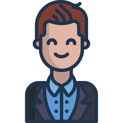 Stylized cartoon portrait of a happy young man wearing a blue shirt and dark suit with brown hair against a transparent background optimized for Adobe Stock Photo