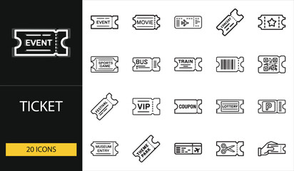 Ticket icon set with event, movie, and transportation passes. Ideal for travel, entertainment, and online booking visuals.