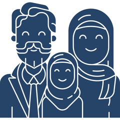 Stylized Blue Icon Portrait of a Smiling Family with Father Mother and Child Wearing Traditional Headscarves on Transparent Background