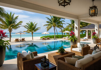 Obraz premium Luxurious outdoor patio with infinity pool overlooking a pristine white sand beach, tropical palm trees, and turquoise ocean.