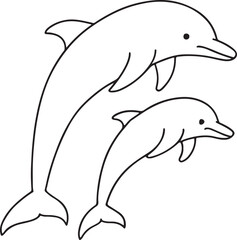  out line of a dolphin and baby dolphin jumping together isolated on white background