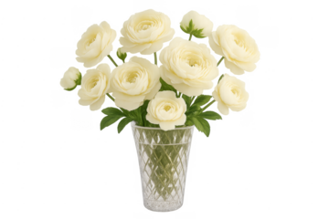 White ranunculus flower arrangement in crystal vase