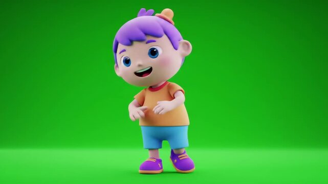 Cute 3D animated cartoon boy with purple hair on a green screen background.