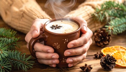 Cozy moment of warming beverage held with both hands with winter spices around