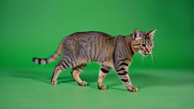 Tabby cat walking on a green screen background looking alert and ready to pounce forward carefully cat green screen video