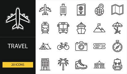 Travel icon set with airplane, suitcase, map, and hotel symbols. Perfect for tourism, adventure, and vacation design projects