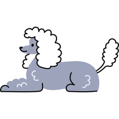 Stylized cartoon illustration of a light purple poodle with white fluffy curls on its head and tail lying down on a transparent white background