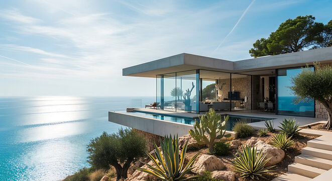 Contemporary luxury villa on a cliff overlooking the shimmering blue mediterranean sea with an infinity pool and modern architecture.