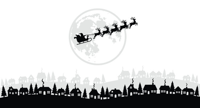 Silhouette of santa claus and reindeer flying across a full moon over a town at night