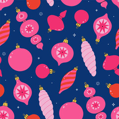 Seamless pattern with pink Christmas ornaments on a blue background. Vector graphics.
