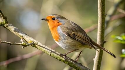 Wild bird with warm orange chest on twig, nature macro-wildlife scene
