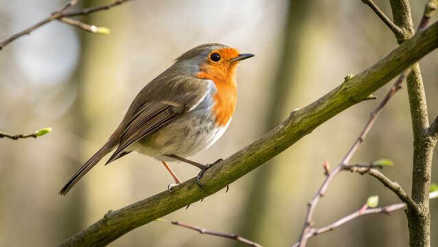 Songbird with orange breast perched on woodland branch, close-up wildlife portrait