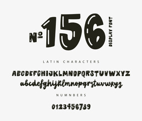 Playful Latin alphabet and numbers made in a cute childish style. Uppercase and lowercase letters in a vector. Lettering